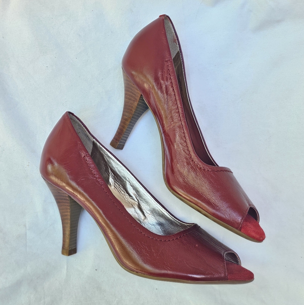 Aerosoles Red Leather Shoes Peep-Toe Heels Rockabilly Pinup Fall Autumn Size 7.5 - Picture 5 of 14